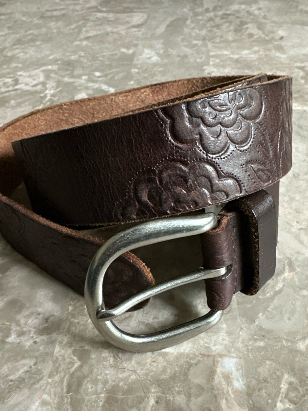 Fossil Belt Brown Genuine Leather Women's Size L Embossed Floral Made In India - Picture 10 of 12